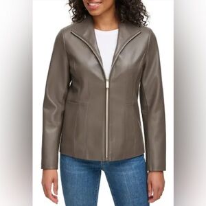 Kenneth Cole faux leather jacket. Front zipper, 2 pockets, lined. Warm grey. M